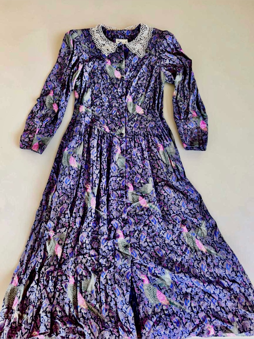 Vintage Bird Print Prairie Dress Lace Collar Cottagecore Size 10